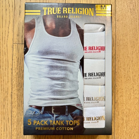 True Religion 5 Pack Men’s White Tank Tops NWT Size M - Picture 1 of 6